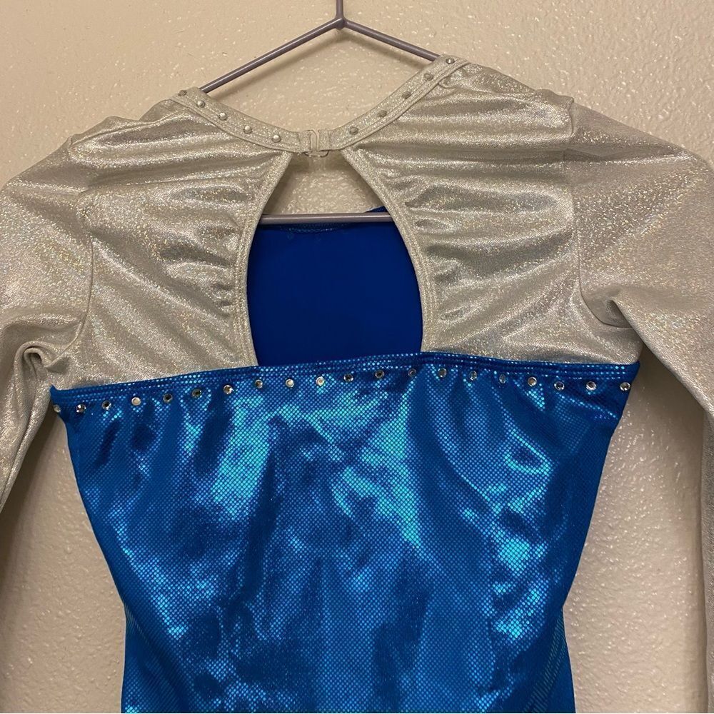 GK elite gymnastic competition leotard 3/4 long sleeve blue silver rhinestone SA - Picture 8 of 12